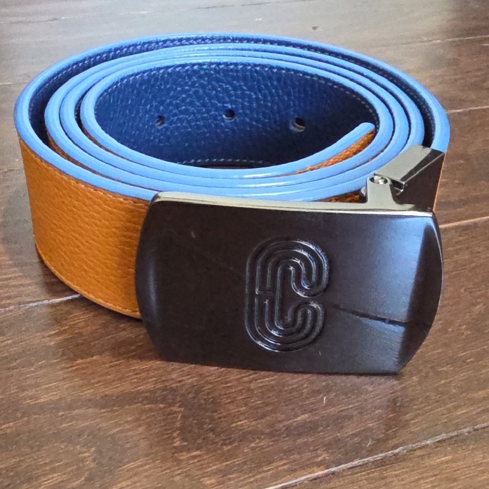 Coach Men's Reversible Leather Belt in Orange and Blue with Logo Buckle - Picture 2 of 10